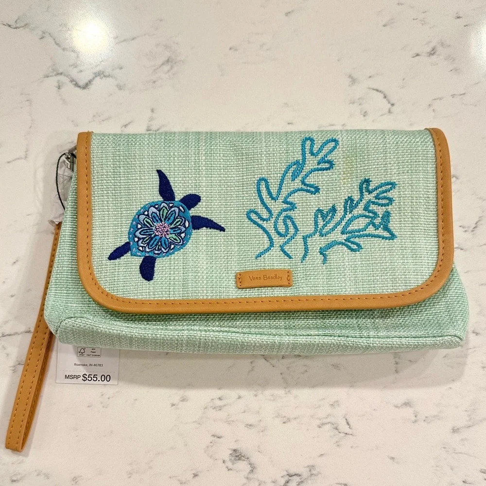 Sold-Embroidered Sea Turtle Fold-Over Clutch - Mint - Picture 2 of 7
